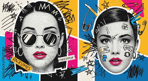 Pop art portraits of women, vibrant colors, fashion illustration