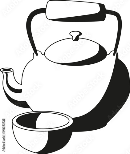 Teapot and ceramic tea cup. Chinese relaxation ceremony black icon