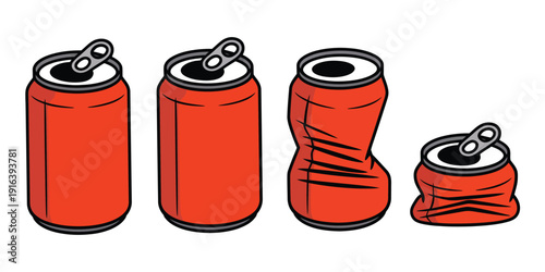 Crushed aluminum can drawing set, recycled metal container illustrations, vector collection of flattened soda and beverage cans for recycling