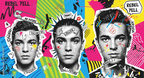 Pop art portrait collage, young man with graffiti, vibrant background