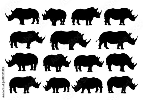Black rhinoceros silhouette bundle with diverse poses and natural animal forms