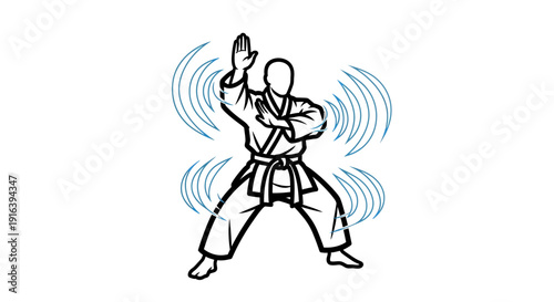 Karateka Performing Defensive Block with Energy Waves Illustration