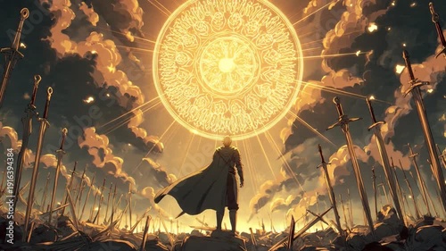 A mystical anime-style warrior stands before a radiant golden mandala surrounded by swords.