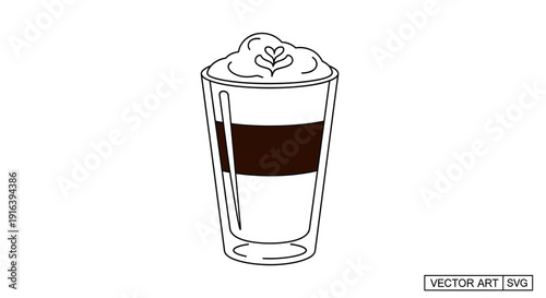 Latte Art Coffee Drink in Glass Cup with Creamy Foam and Heart Design