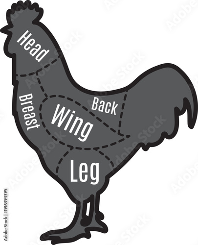 Rooster silhouette with meat chart. Butchery shop guide