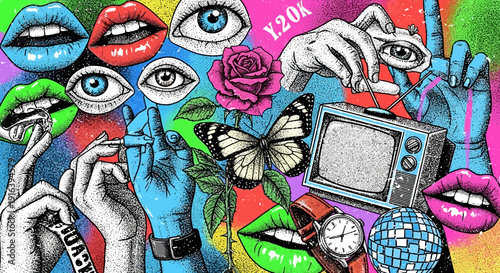 Surreal collage art, pop art style, lips, eyes, butterfly, retro tv