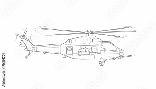Helicopter Military Aircraft Line Art Drawing Vector Illustration