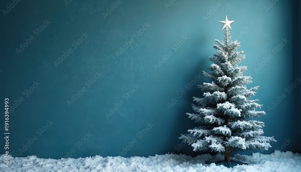Fototapeta premium Frosted pine tree with star topper sits on snow-covered ground against teal wall. Minimalist holiday scene evokes winter wonder and festive cheer for seasonal celebrations indoors.