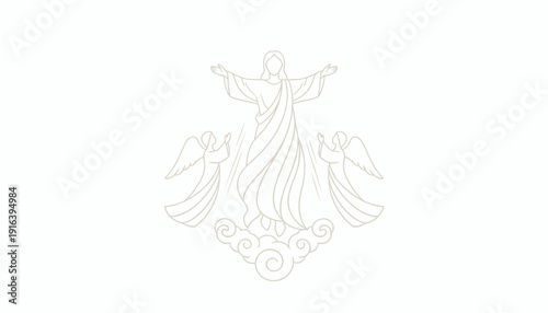Jesus Christ Ascending to Heaven with Angels, Religious Illustration
