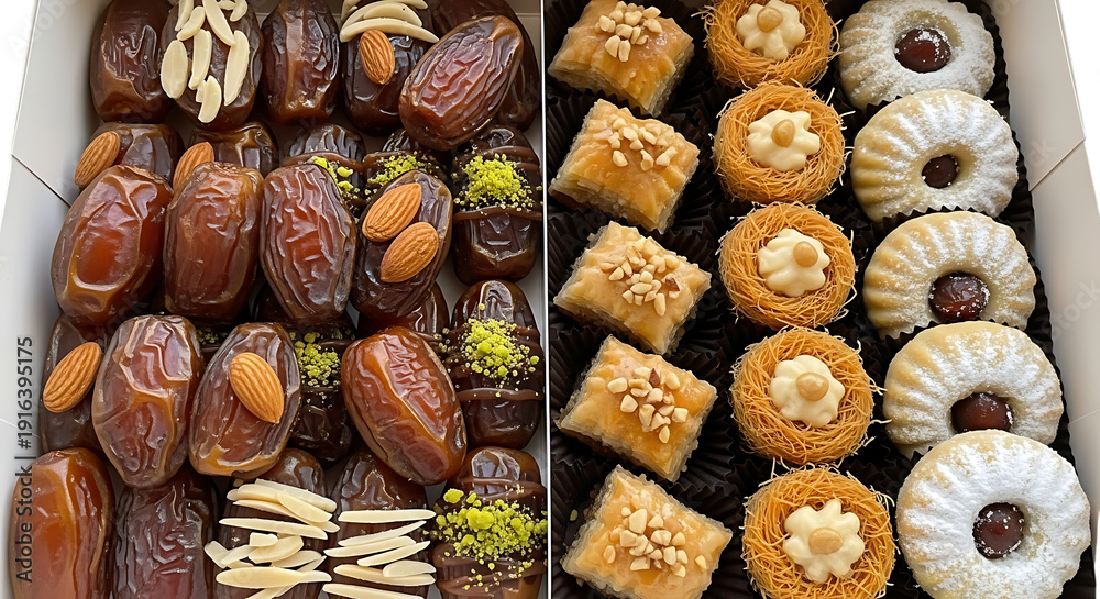 Fototapeta premium Assorted middle eastern sweets and dates in boxes isolated on a transparent background pastries baklava