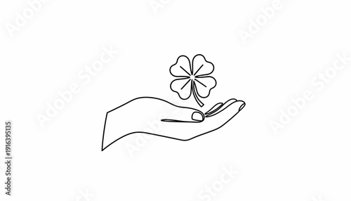 Hand holding a four-leaf clover, symbol of luck and good fortune, minimalistic line art