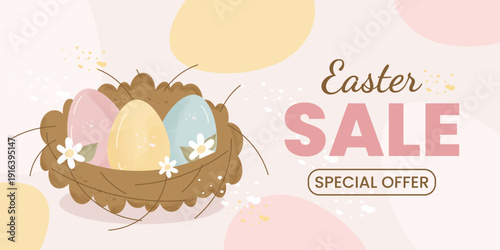 Easter sale banner with nest and pastel spring eggs illustration. Vector for web, poster, ads and coupons