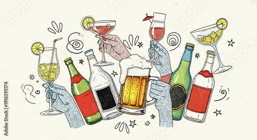 Cheers to celebration: hands holding drinks, cocktails and beer
