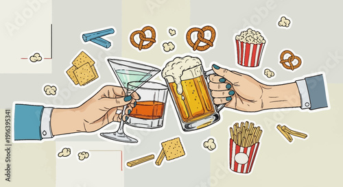 cheers with drinks and snacks, friends celebrating