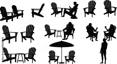 Adirondack chair silhouettes collection, outdoor patio furniture set, people relaxing, black vector illustration isolated on white background minimalistic clipart design