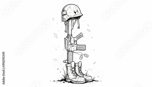 Fallen Soldier Memorial: Helmet, Rifle, Boots, and Dog Tags