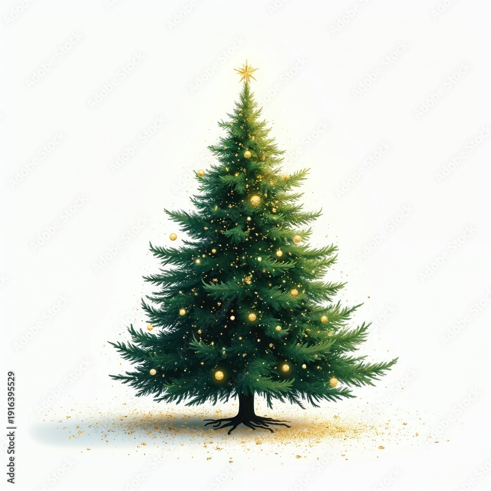 Fototapeta premium Evergreen fir tree decorated with shiny gold baubles and fairy lights. Festive holiday illumination with star topper. Traditional Christmas celebration symbol. Winter season greeting.