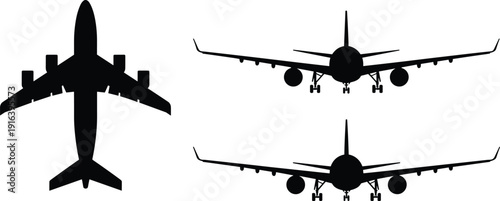 Airplane silhouettes vector, aviation design illustration, aircraft front view art, airplane top view icon, flight concept graphic, travel transportation