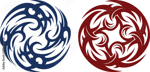 Dynamic circular tribal design featuring strong curved motifs and radial symmetry for emblem or tattoo placement