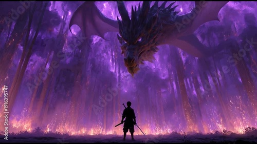 A lone warrior stands in anime style amidst purple forest with giant dragon overhead