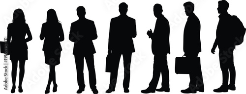 Business people silhouette standing with briefcases and backpack, corporate professionals group, office workers isolated, leadership teamwork concept illustration collection set