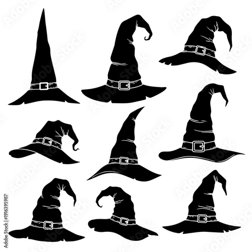 Fotografija Wicked Wardrobe: Nine Unique Black and White Witch Hats With Creased Crowns and
