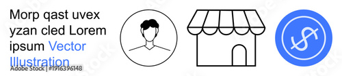 E-commerce, online shopping, transactions, user profiles, small businesses, digital platforms. Profile icon, storefront outline dollar symbol in blue circle. E-commerce and online shopping visual