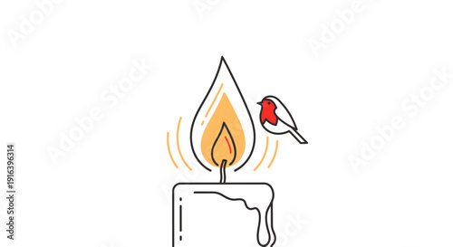Cozy Robin Bird Warming by Candle Flame, Winter Comfort, Gentle Light, Minimalist Illustration