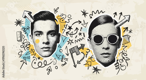 stylish men portraits with arrows and doodles, creative illustration