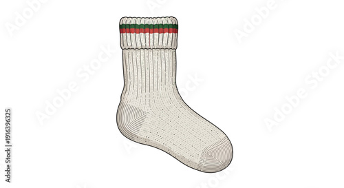 Cozy White Sock with Red and Green Stripes on White Background