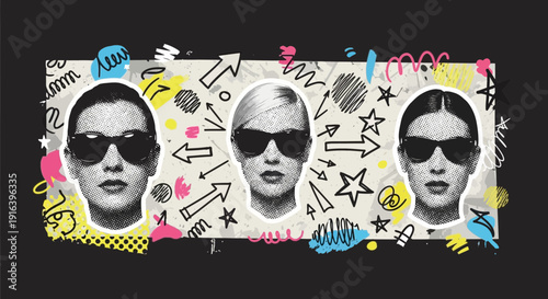 stylish women wearing sunglasses, artistic background