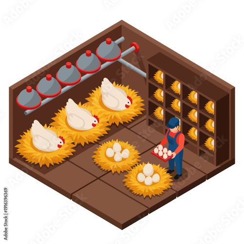 Farmer Collecting Eggs from Chicken Coop Nests.