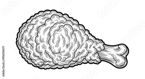 Crispy Fried Chicken Leg Drumstick, Vintage Engraving Style, Isolated on White Background