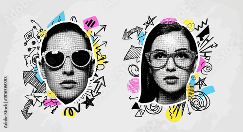 stylish women portraits with sunglasses and glasses, modern art
