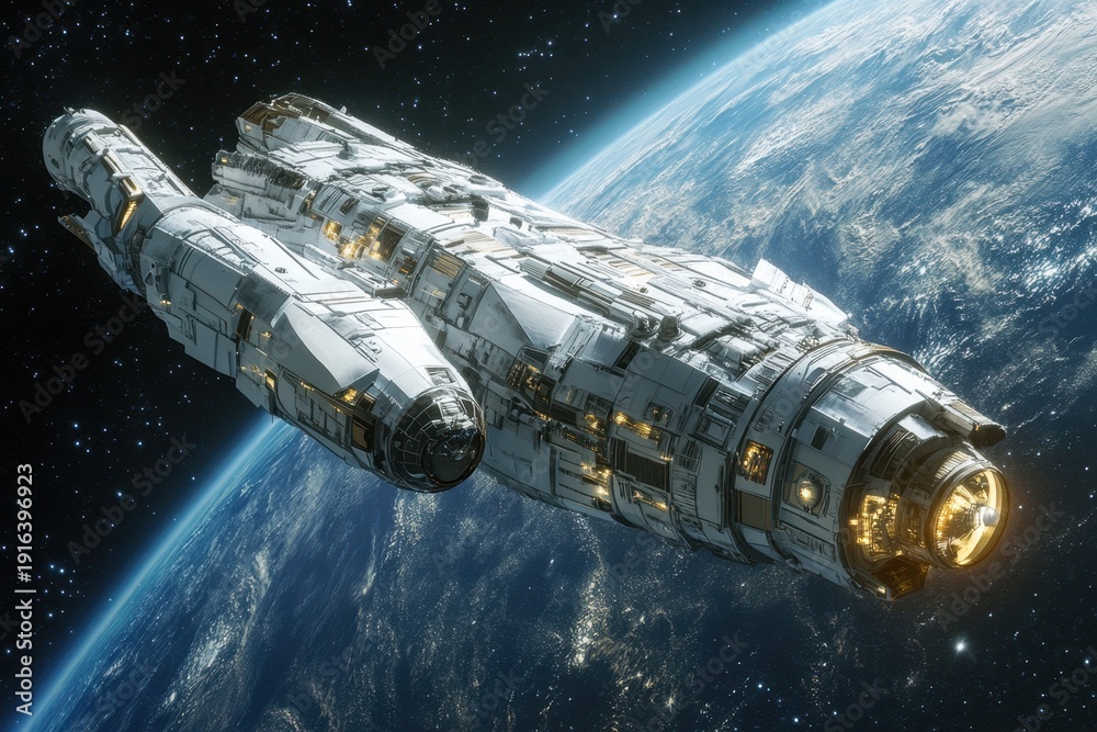 Fototapeta premium Spaceship travels through orbit near Earth in a futuristic cosmic setting