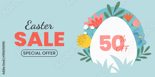 Easter sale banner with spring floral egg and 50% discount offer