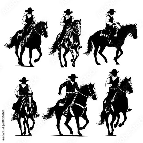 Foto Silhouette collection of galloping horses with american cowboys or gauchos