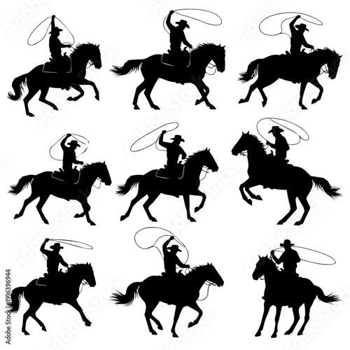 Cuadro en lienzo Silhouette collection of galloping horses with american cowboys or gauchos