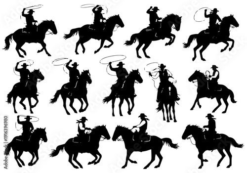 Western Heritage in Silhouette: Ten Skilled Cowboys Galloping and Swinging Their Long Ropes High