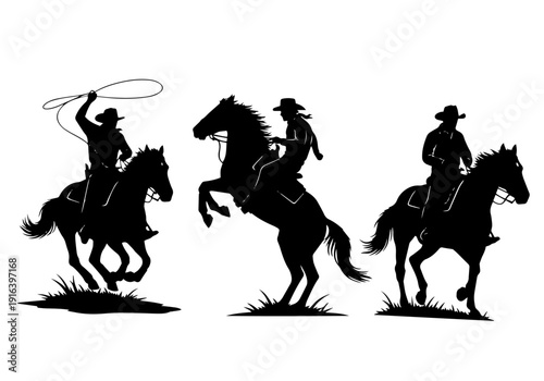 Western Adventure Theme Featuring Lone Riders on Horses Perfect for Vintage Poster and Logo Designs