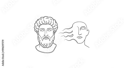 Ancient Greek Sculpture Fragment and Abstract Human Face with Flowing Hair