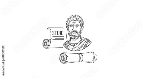 Ancient Greek Stoic Philosopher Bust and Scroll Illustration