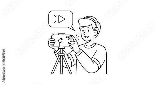 Young man filming with smartphone on tripod, vlogging, content creation, online streaming