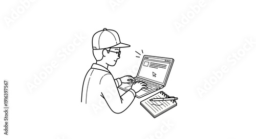 Young person in cap and glasses typing on laptop, focused on screen, with notebook and pen