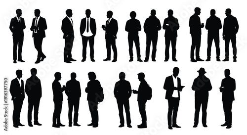 set of black silhouettes of business people standing in various poses isolated on white background