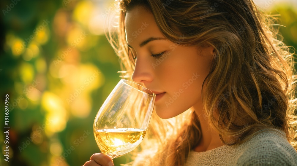 Naklejka premium Close-up of a beautiful young woman smelling and savoring white wine in a glass outdoors during golden hour, concept for vineyard tours, sommelier education and winery promotion