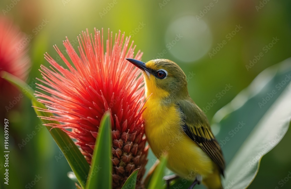 Naklejka premium Small yellow bird with green back sits on tropical red flower. Closeup view of avian life feeding nectar from vibrant bloom. Wild nature scene in sunlight.