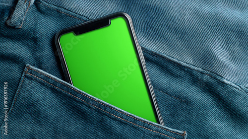 A smartphone with a bright green screen mockup sits in the back pocket of blue denim jeans, ready for app display or mobile design presentation