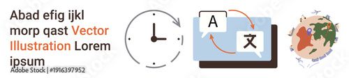 Language translation, global communication, time tracking, multilingual support, cultural exchange, business processes. Clock, speech bubbles globe highlight communication and time . Translation