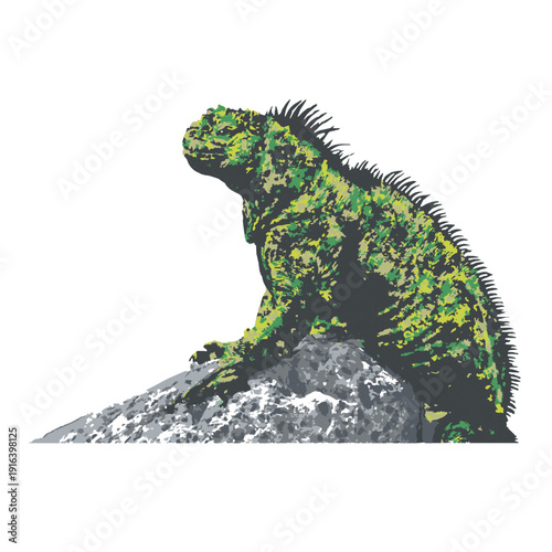 Cute cartoon green iguana character sitting on a branch against a black background, a funny reptile vector illustration of a wild baby lizard or dino dragon for nature art